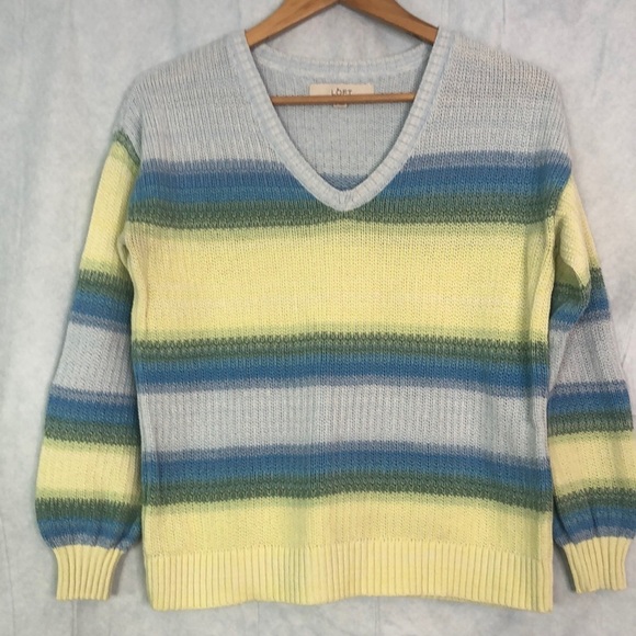 Ann Taylor LOFT Women Yellow Blue Striped Long Sleeve Sweater Blue Size S - Picture 1 of 11